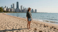 What you see in the Sun, is the Chicago skyline from the Indiana Dunes beach, across Lake Michigan. You can see it from 50 miles of distance due to a form of superior mirage, because the skyline is seen above where it's actually located.