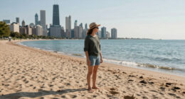 What you see in the Sun, is the Chicago skyline from the Indiana Dunes beach, across Lake Michigan. You can see it from 50 miles of distance due to a form of superior mirage, because the skyline is seen above where it's actually located.